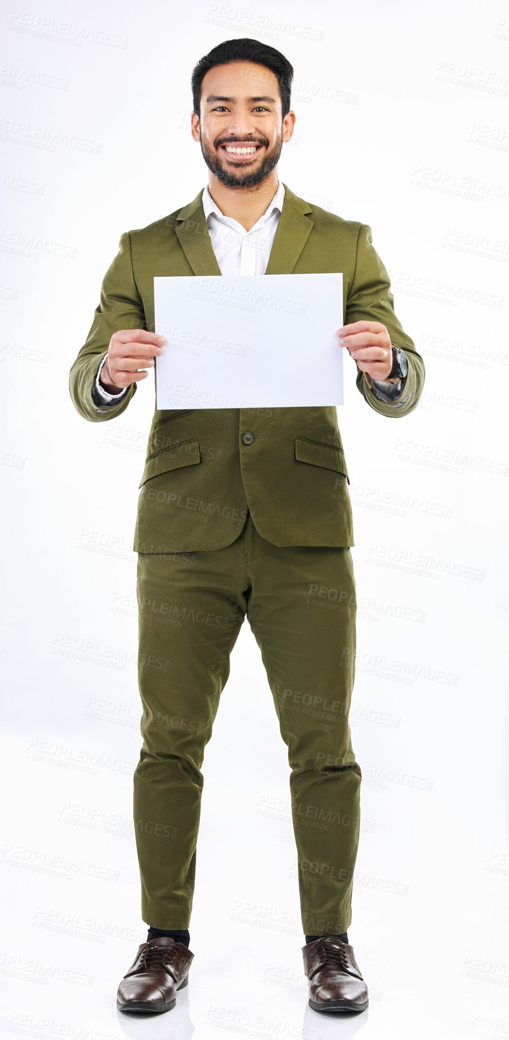 Buy stock photo Studio placard, happy man and portrait mockup with marketing poster, advertising banner or product placement. Business logo mock up, billboard promo sign and brand person isolated on white background