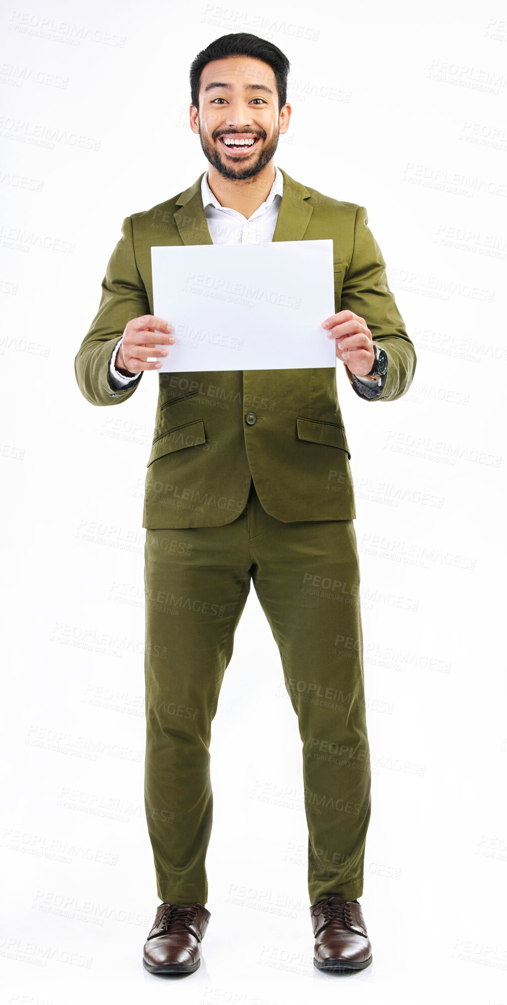 Buy stock photo Billboard sign, portrait mockup or happy man with marketing placard, studio advertising banner or product placement. Logo mock up, promo poster or excited business person isolated on white background