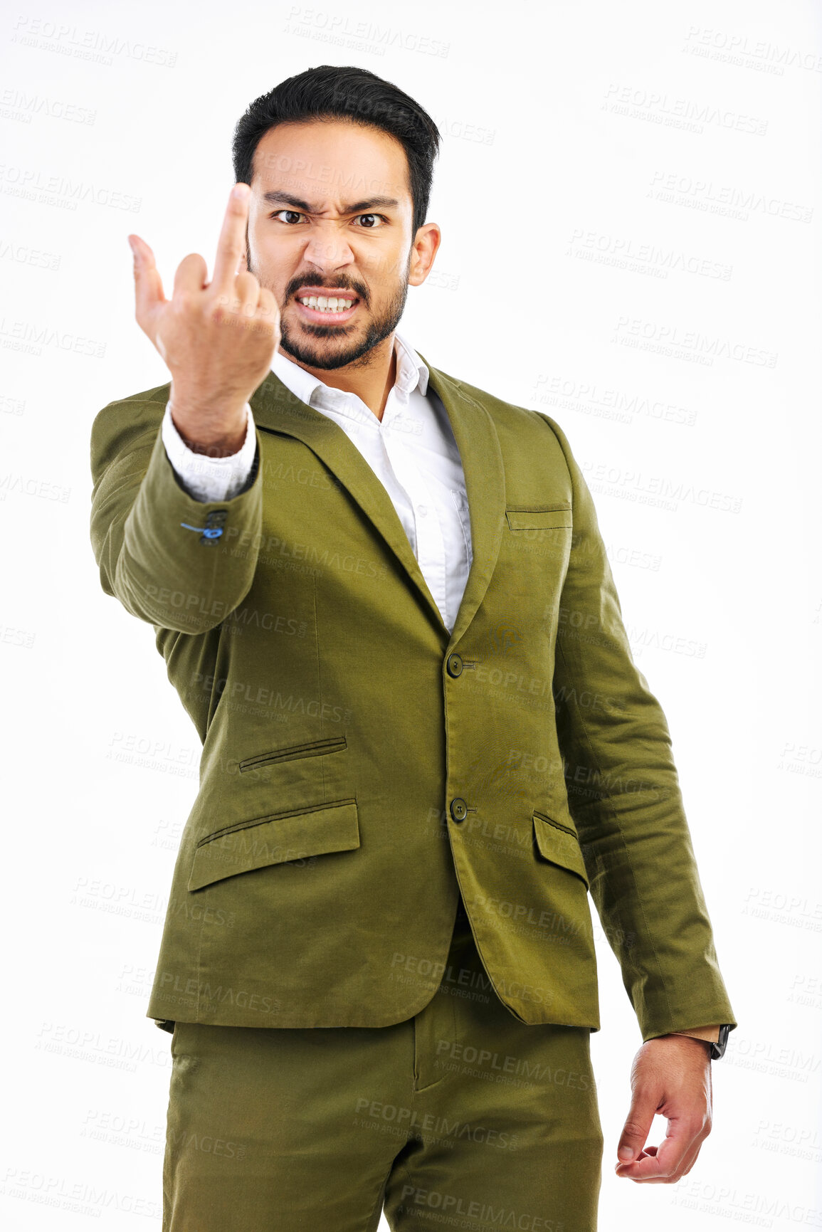 Buy stock photo Angry, stress and portrait of man with a middle finger isolated on a white background in  studio. Crazy, anger and a frustrated Japanese businessman showing an offensive, vulgar and rude hand gesture