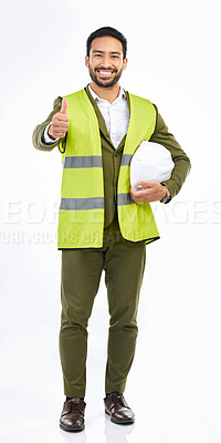 Buy stock photo Portrait, Asian man and architect with thumbs up, happy and agreement on a white studio background. Face, male contractor and engineer with gesture for ok, thank you and support for new project