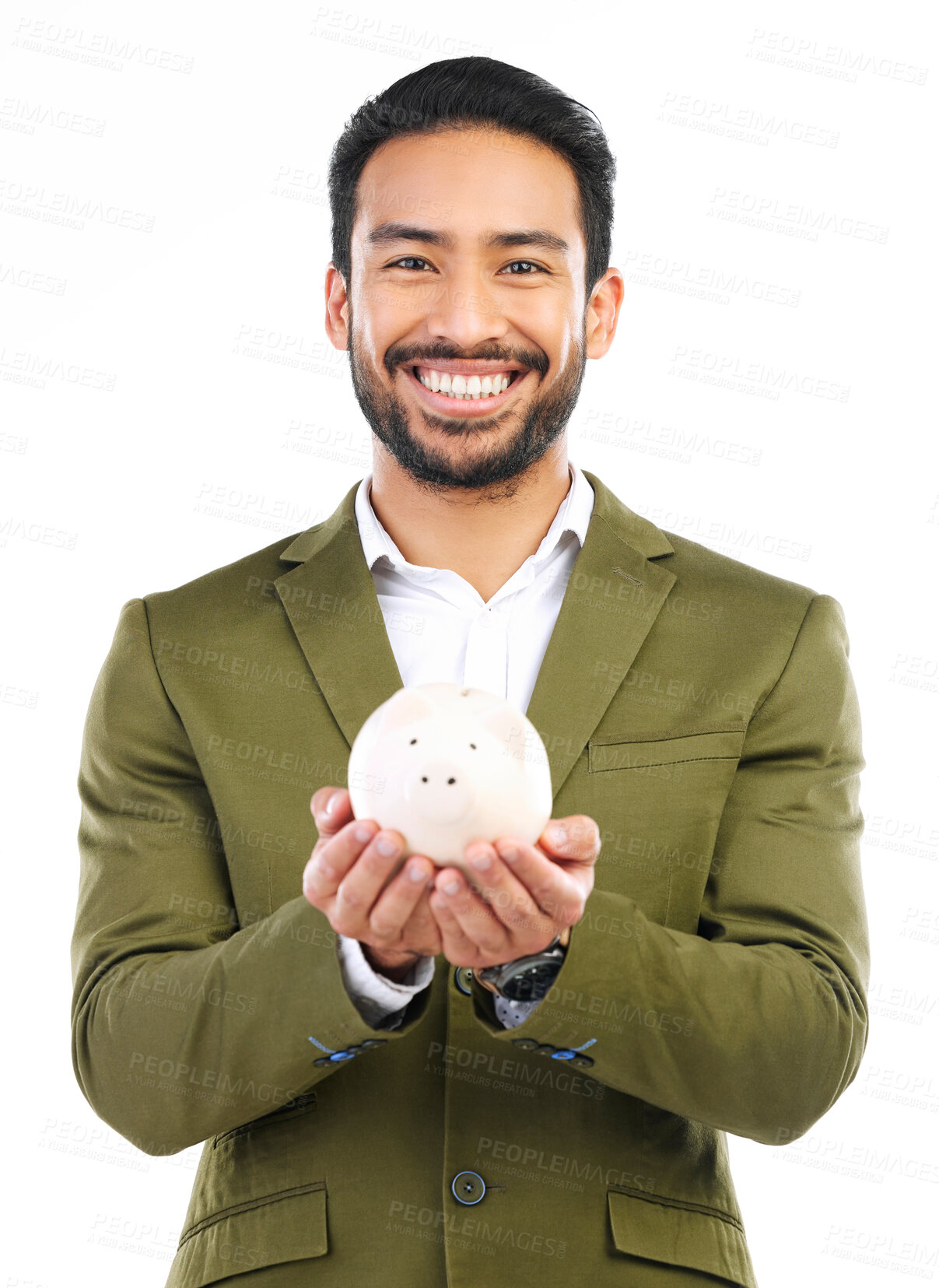 Buy stock photo Smile, piggy bank and portrait of man in studio, happy financial freedom and savings on white background. Happiness, businessman with money box and saving, investing in small business startup plan.