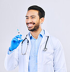 Doctor with smile, syringe and vaccine in studio for healthcare, medicine and medical innovation. Vaccination, booster shot and happy Indian man with needle for virus protection on white background.