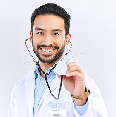 Buy stock photo Doctor, man and listening with stethoscope in portrait, smile and cardiovascular health isolated on white background. Medical professional, happy male physician in studio and cardiology and surgeon