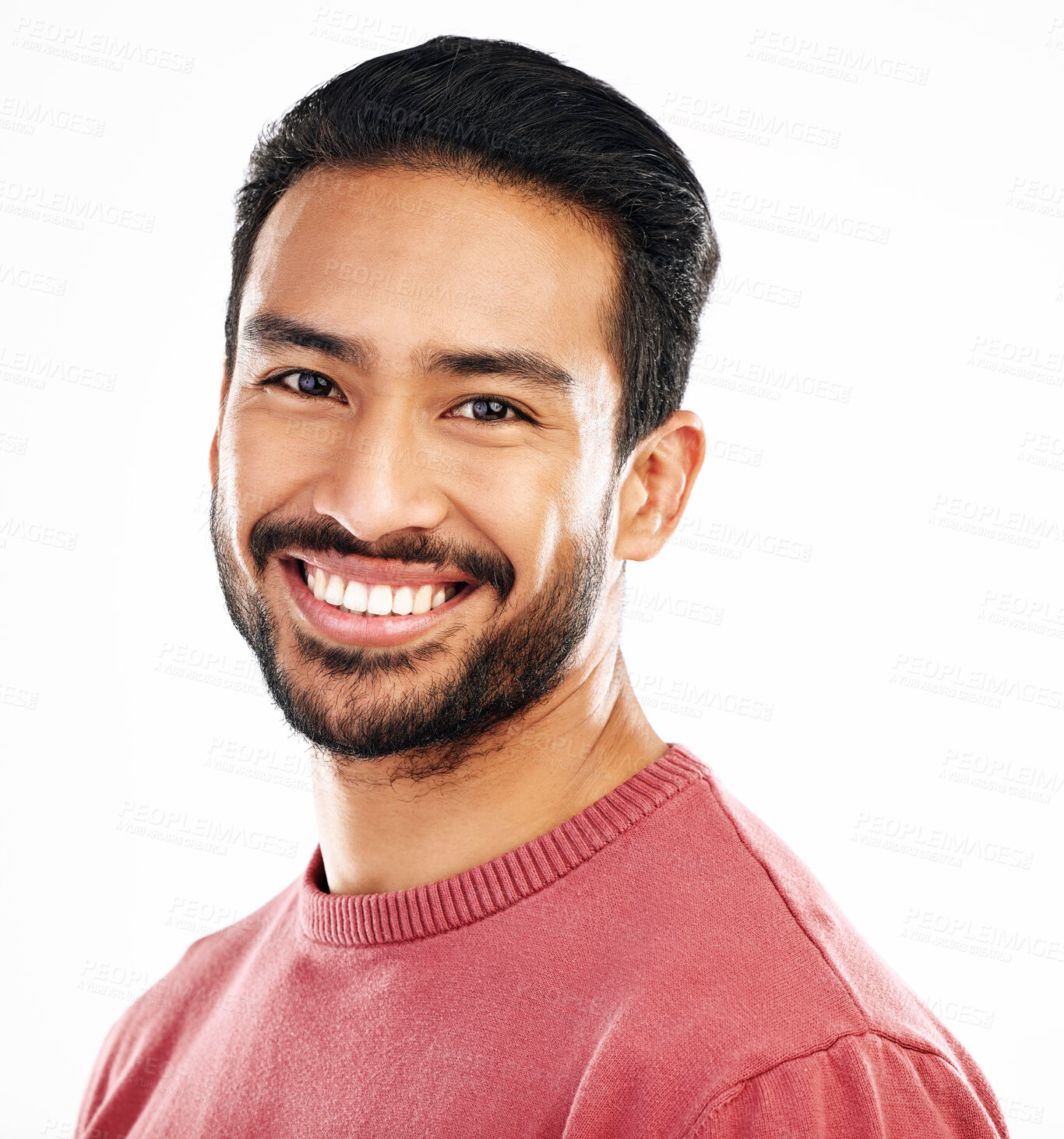 Buy stock photo Happy, headshot and portrait of an Asian man with a smile isolated on a white background in a studio. Relax, content and face of a model smiling, looking confident and attractive on a backdrop