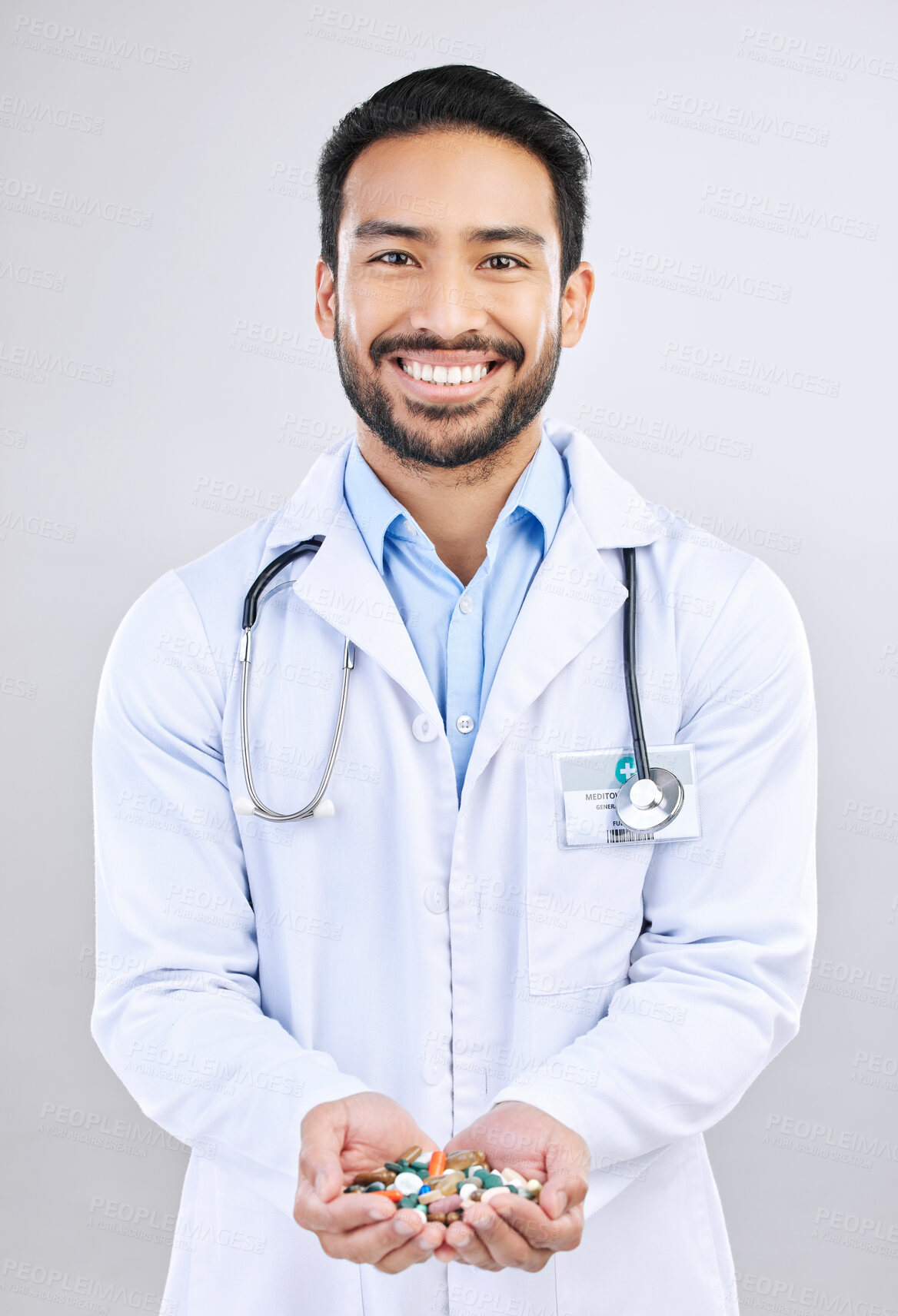 Buy stock photo Pharmacist portrait, studio drugs or happy man with pharmaceuticals, pills or medicine supplement. Healthcare support, medical pharmacy or male doctor with prescription medication on white background