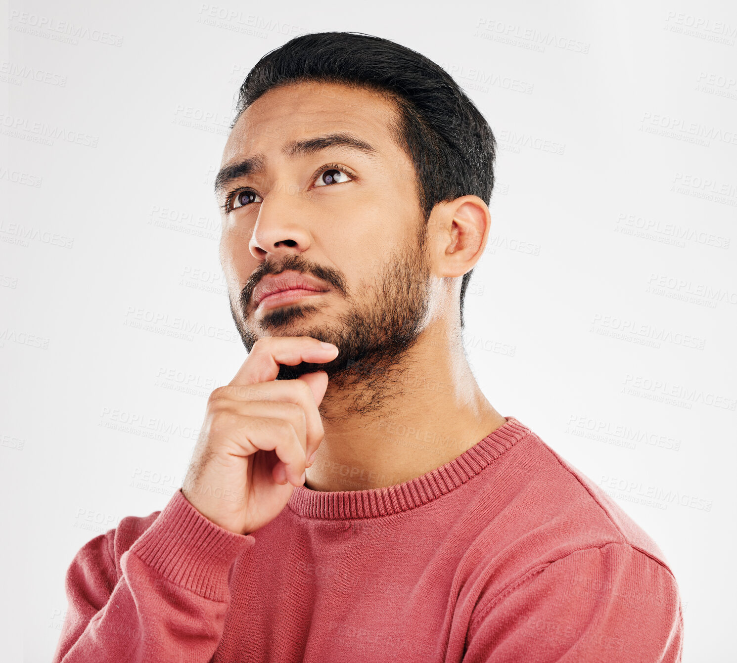 Buy stock photo Serious man, thinking face and ideas in studio, white background and vision of mindset, planning and question. Focused male model daydream of decision, remember memory and brainstorming solution 