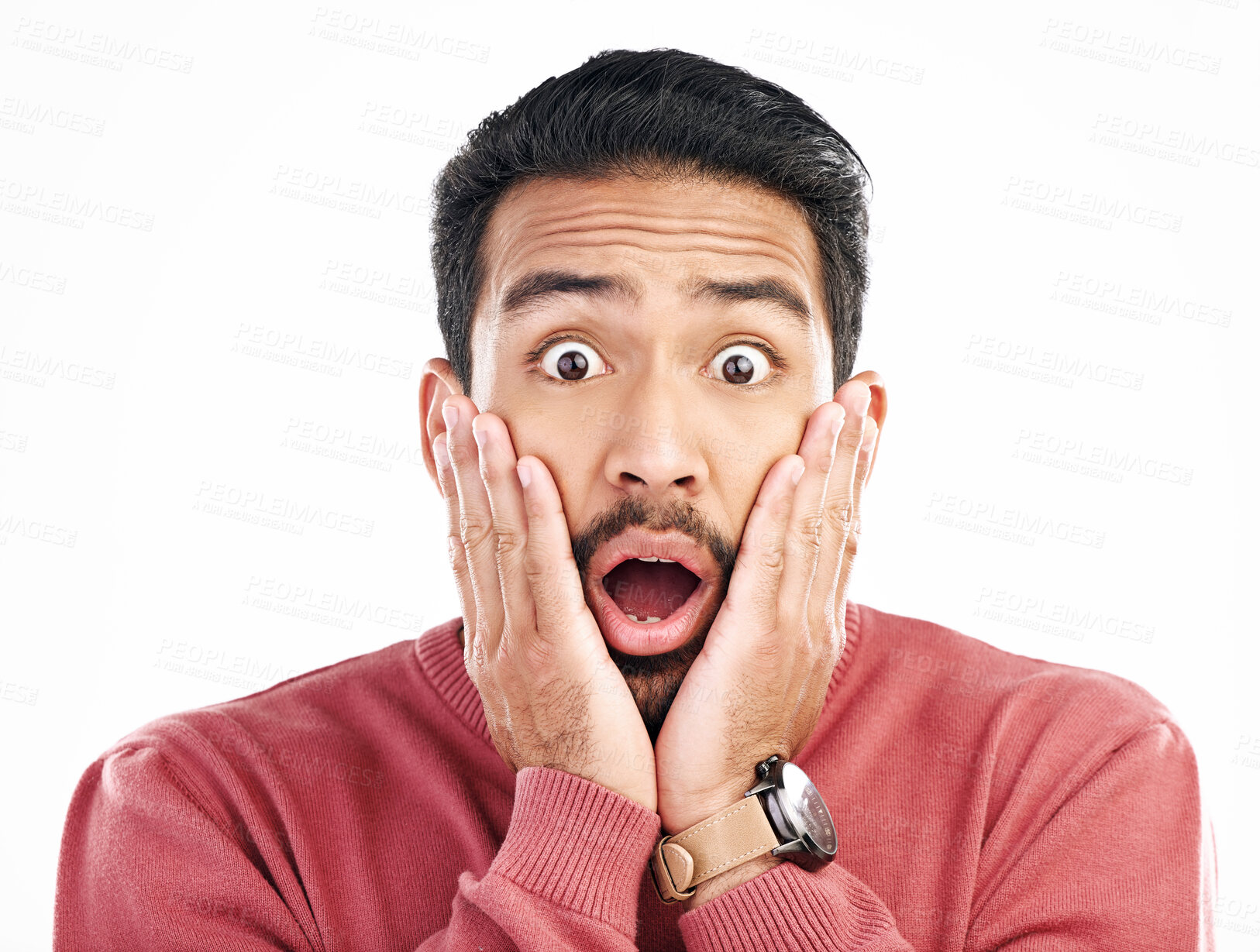 Buy stock photo Portrait, wow and Asian man surprise, excited and happiness isolated against a white studio background. Face, Japanese male and guy with shock, facial expression and announcement with good news