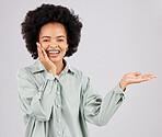 Portrait, product placement and black woman smile in studio isolated on a white background. Hand, space and happiness of person with advertising, marketing or branding, mockup or commercial promotion