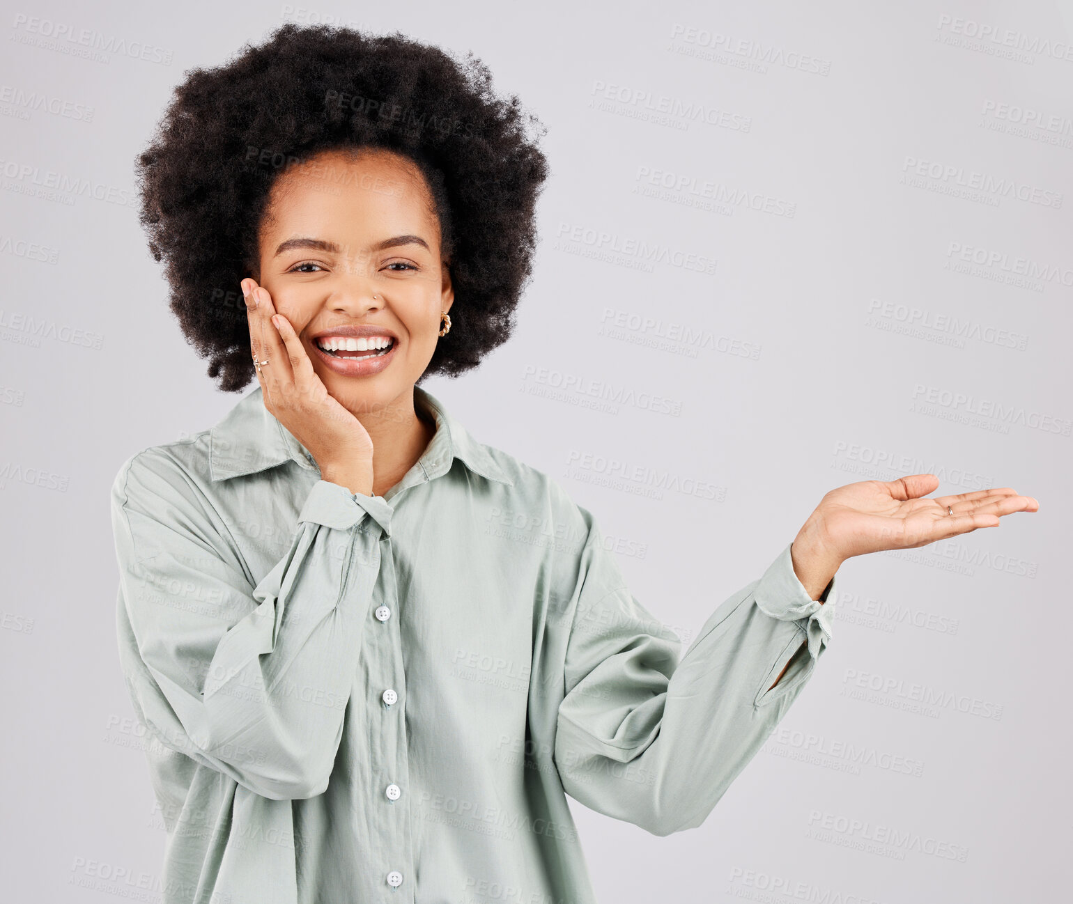 Buy stock photo Portrait, product placement and black woman smile in studio isolated on a white background. Hand, space and happiness of person with advertising, marketing or branding, mockup or commercial promotion