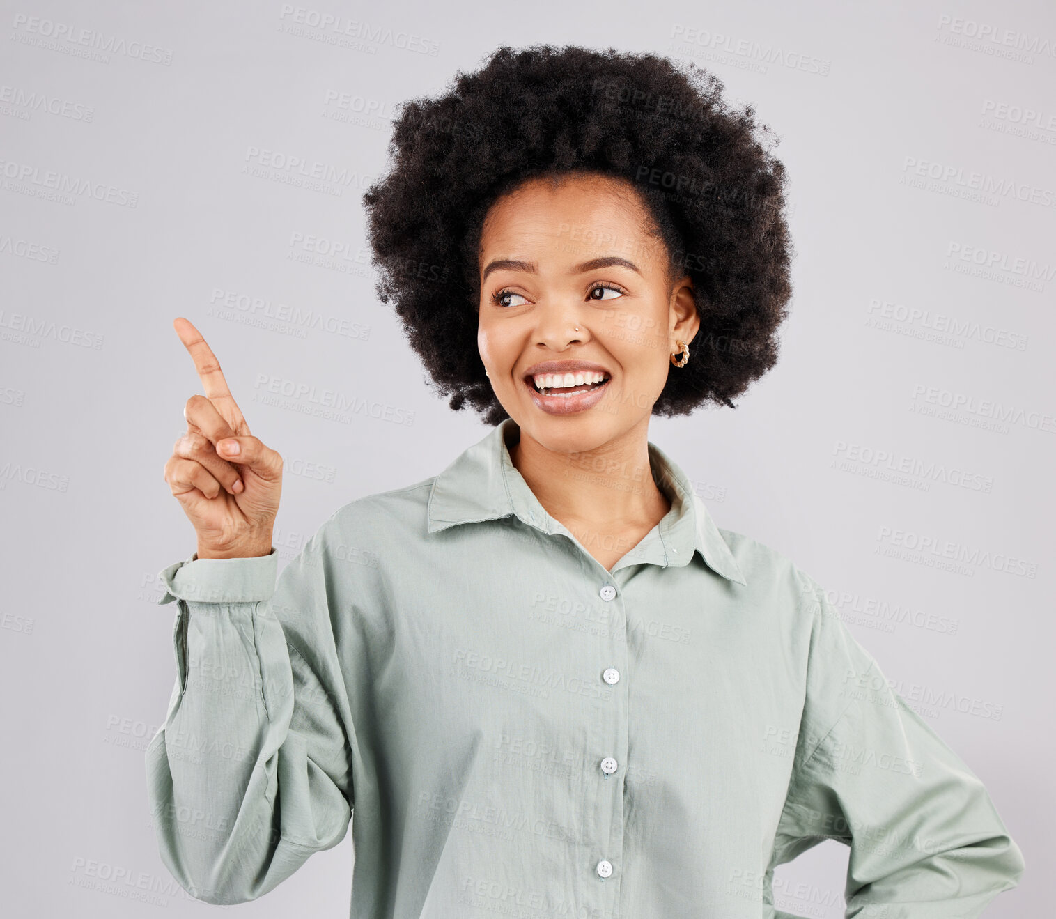 Buy stock photo Black woman, thinking point and idea with a smile in a studio with a solution to question with happiness. Isolated, white background and female feeling happy and confident from inspiration and ideas