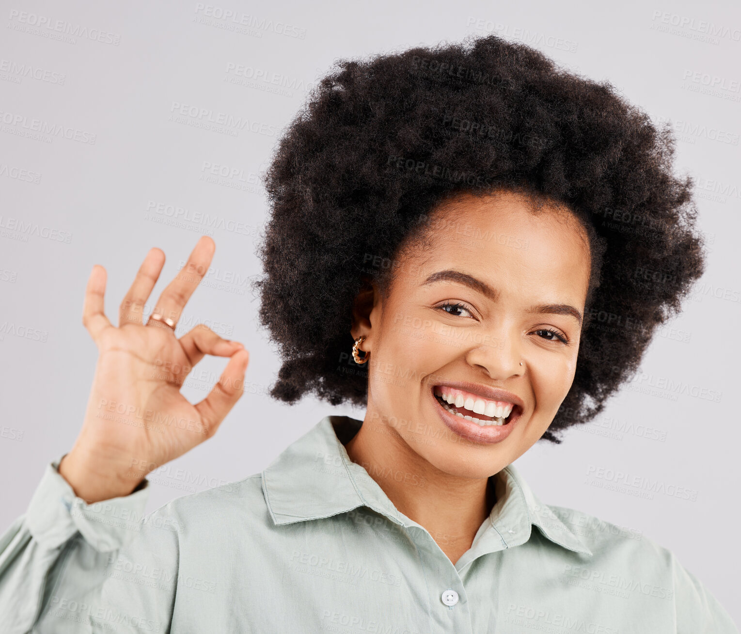 Buy stock photo Happy, ok and portrait of a black woman with a sign isolated on a white background in studio. Smile, okay and face of an African girl with a hand gesture for success, agreement and happiness