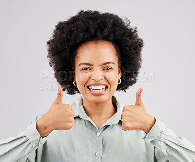 Buy stock photo Thumbs up, hands and portrait of happy woman in studio, excited winner and bonus on white background. Female model, thumb and smile to celebrate winning achievement, like emoji and feedback support 