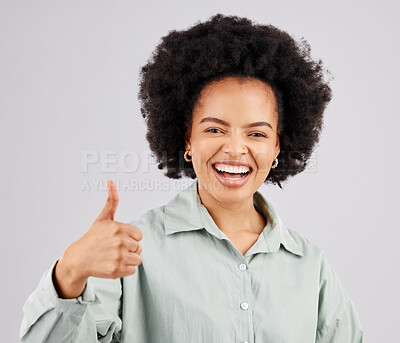 Buy stock photo Portrait, thumbs up and black woman laughing in studio isolated on a white background. Success, happiness and person with hand gesture or emoji for winning, approval or agreement, like or thank you.