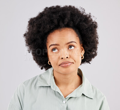 Buy stock photo Thinking, doubt and face of black woman in studio for mockup, idea and promotion. Problem, information and confused with female isolated on white background for contemplating, sarcasm and tired