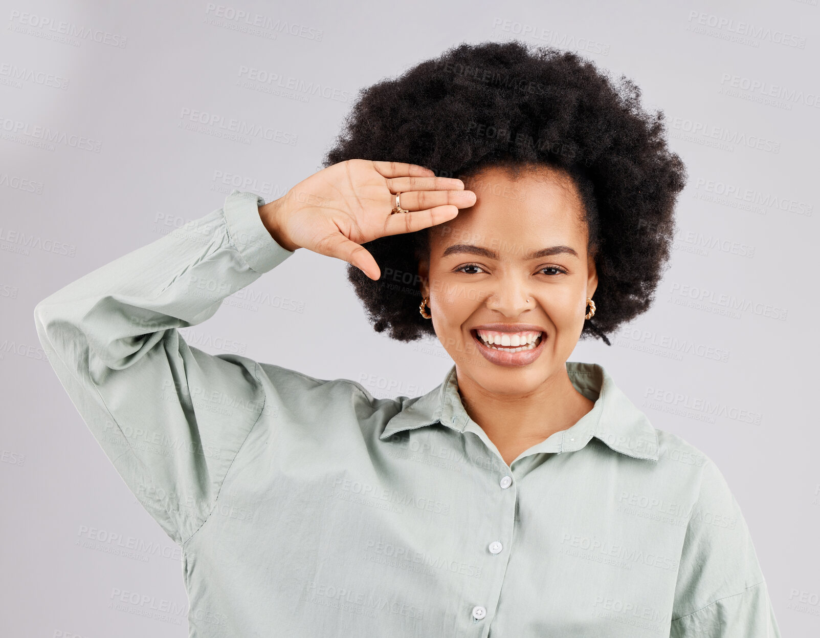 Buy stock photo Salute, smile and portrait of black woman greeting feeling proud and excited making hand gesture isolated in a white studio background. Happy, pride and female welcome with respect and hello sign