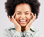 Winner, excited and portrait of black woman in studio with smile, confidence and happiness on white background. Promotion, success mockup and face of girl for good news, announcement and winning