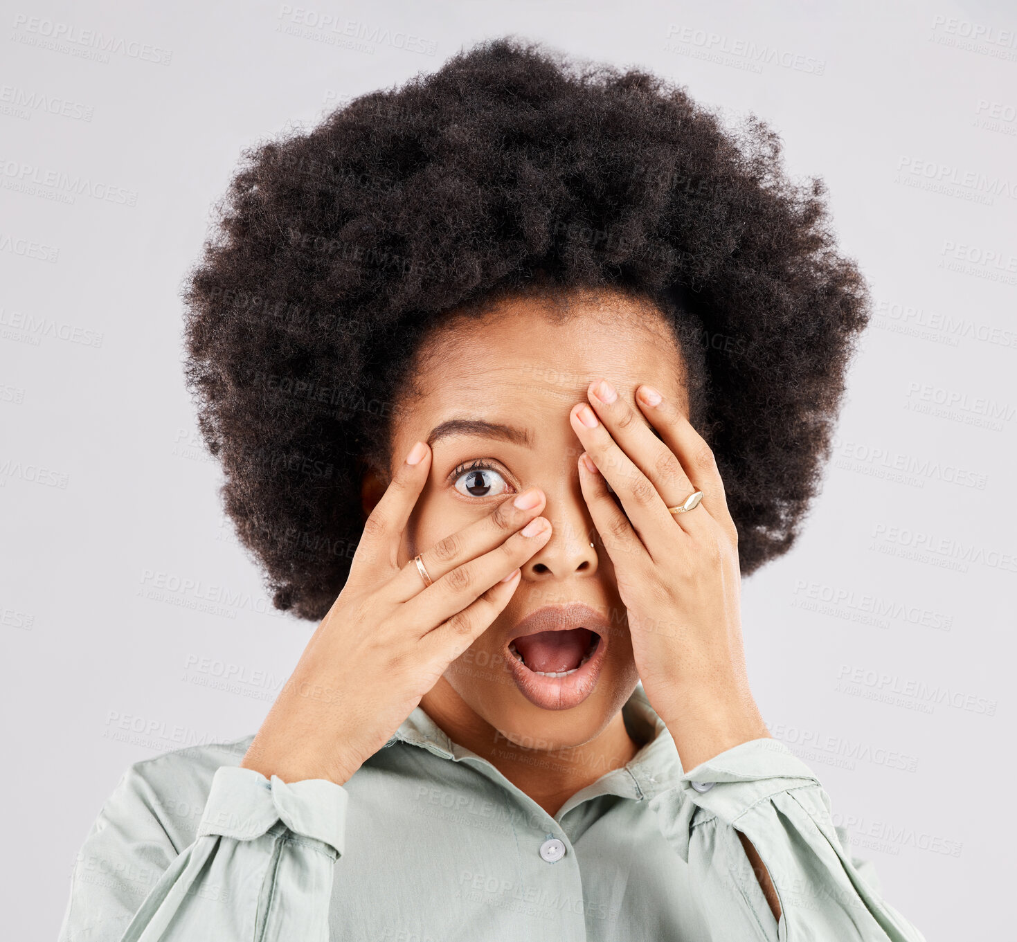 Buy stock photo Black woman, shock and hands cover eyes in studio for surprise, wow and omg reaction on white background. Emoji mockup, wow face and portrait of girl shocked for news, announcement and gossip