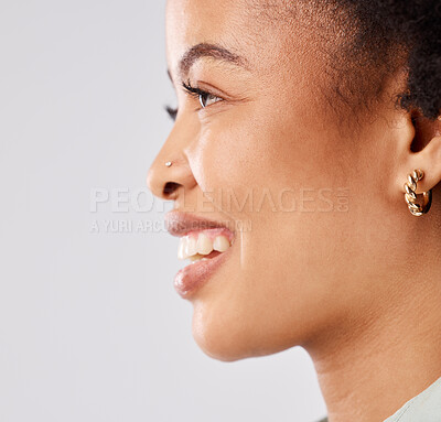 Buy stock photo Black woman, profile closeup and happiness smile in a studio thinking and feeling relax. Isolated, white background and happy model face with youth and natural afro with female empowerment and idea