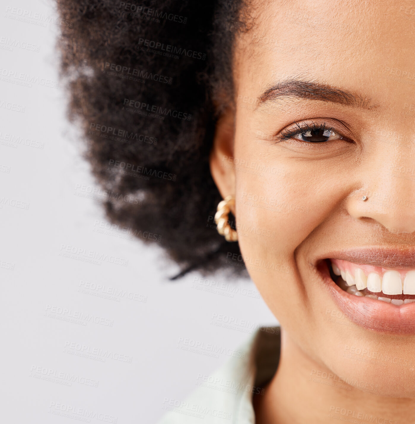 Buy stock photo Face, happy and portrait of black woman in studio with smile, confidence and happiness on white background. Advertising, success mockup and half of girl with positive mindset, pride and empowerment