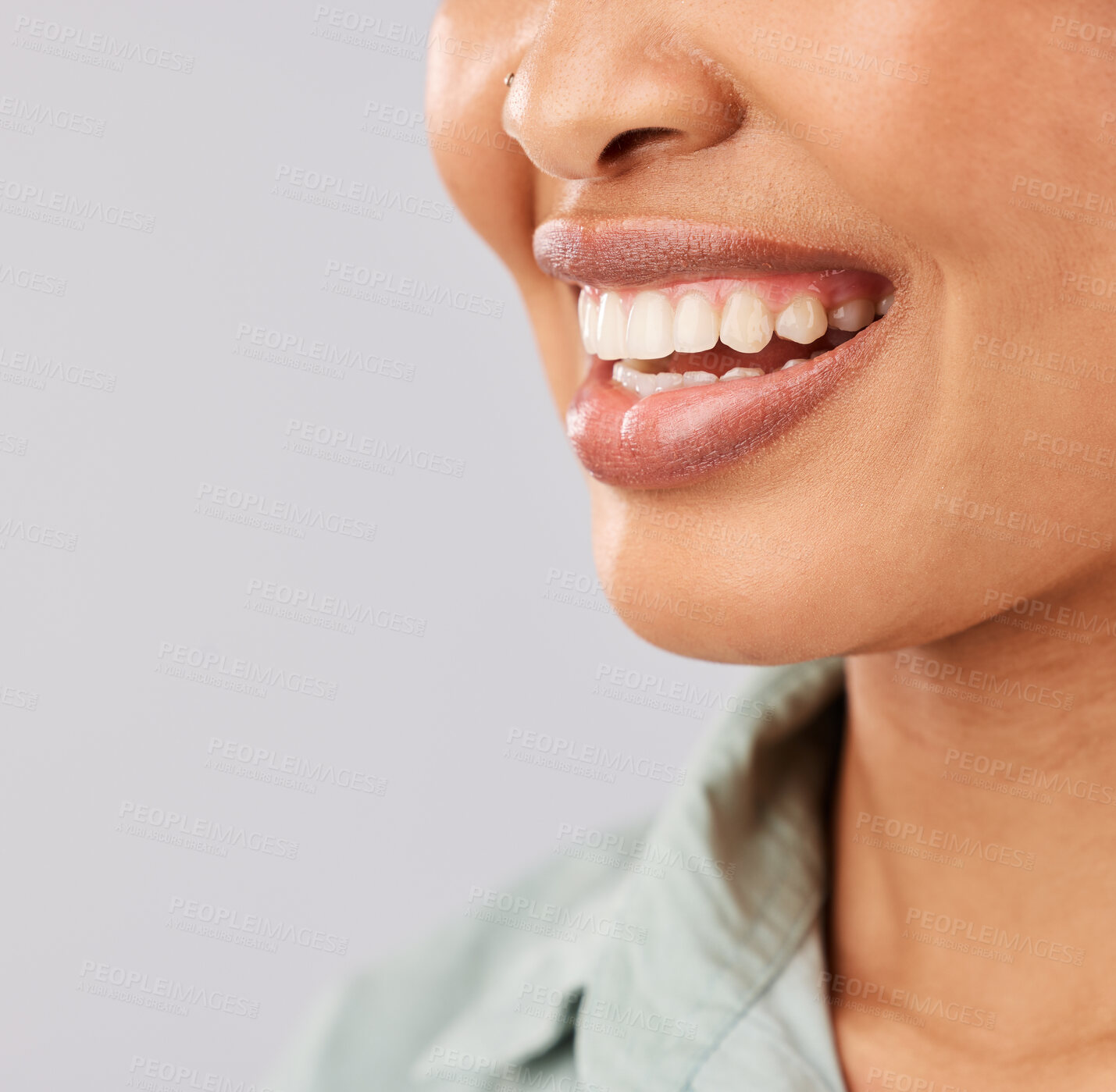 Buy stock photo Smile, dental teeth and face of black woman in studio isolated on a white background mockup. Tooth care, cosmetics and happiness of female model or person with lip makeup and oral health for wellness