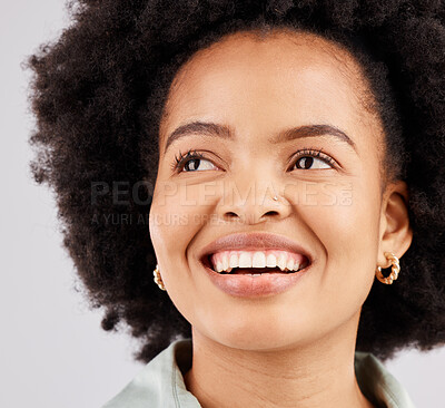 Buy stock photo Smile, thinking and woman with ideas, decision and opportunity against a white studio background. Female model, ponder and person with happiness, thoughts and wonder with mindset, future and fantasy