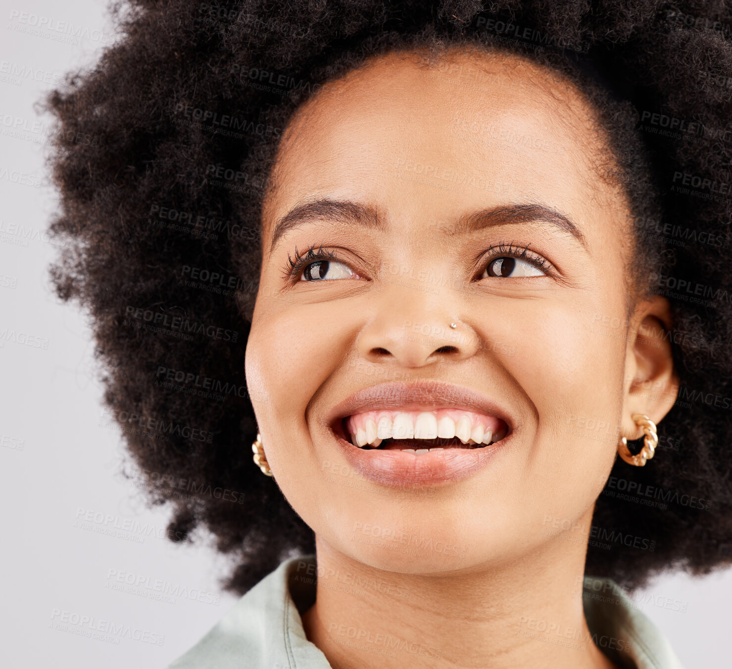 Buy stock photo Smile, thinking and woman with ideas, decision and opportunity against a white studio background. Female model, ponder and person with happiness, thoughts and wonder with mindset, future and fantasy