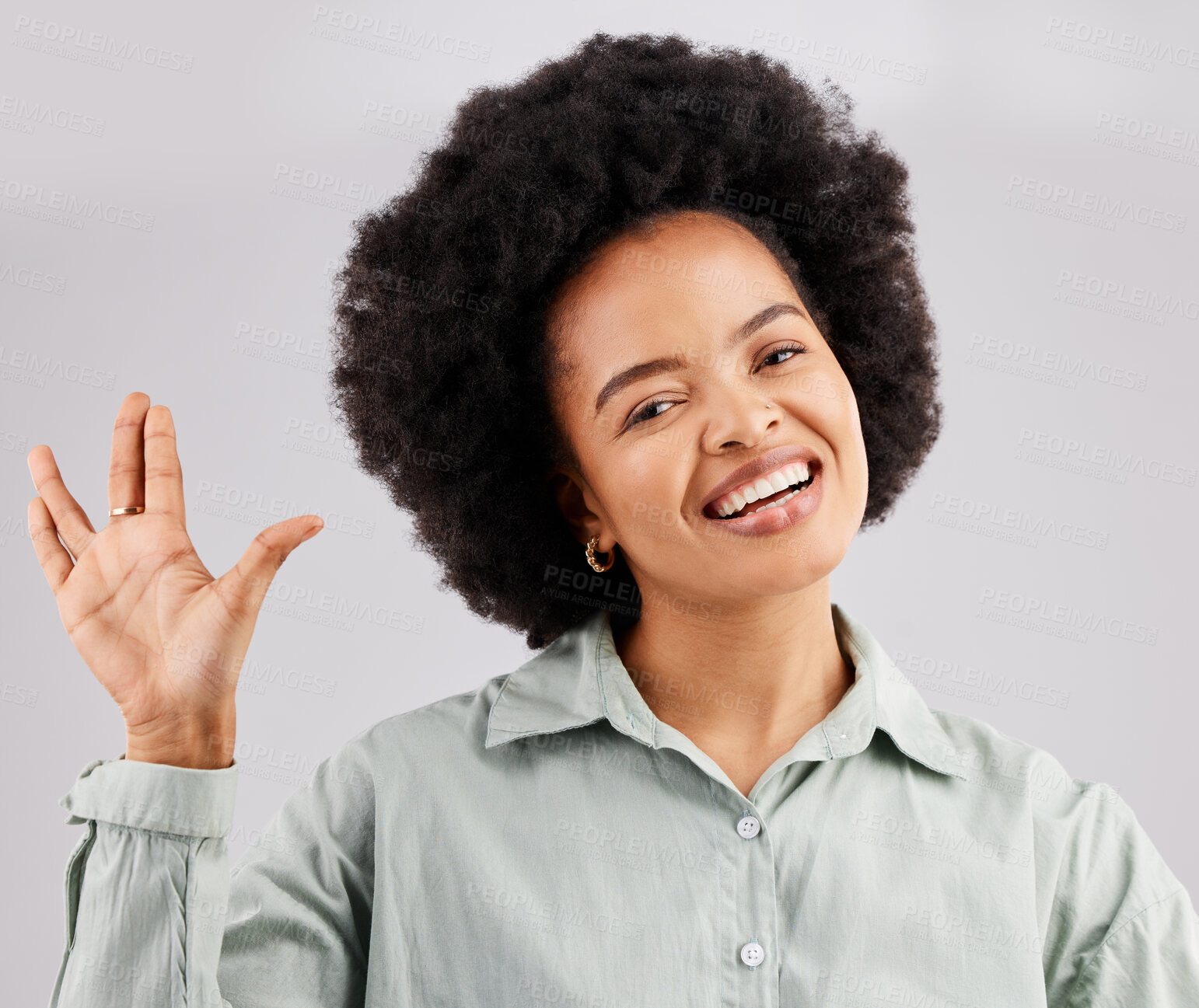 Buy stock photo Happy portrait, black woman and face with vulcan hand sci fi and emoji sign with a smile in studio. Happiness, palm and greeting of a female salute with silly, cheerful and goofy hands gesture