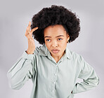 Black woman, afro and thinking of idea in studio by white background in top view for career vision. Student, girl and confused with brainstorming, decision or scratching head for future by backdrop