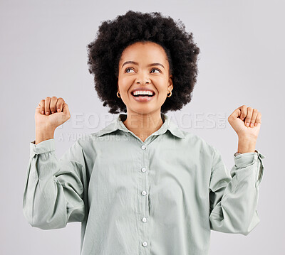 Buy stock photo Excited, cheer and face of black woman in studio with winning, achievement and celebration for good news. Success, advertising and isolated girl on white background happy for deal, sale and discount