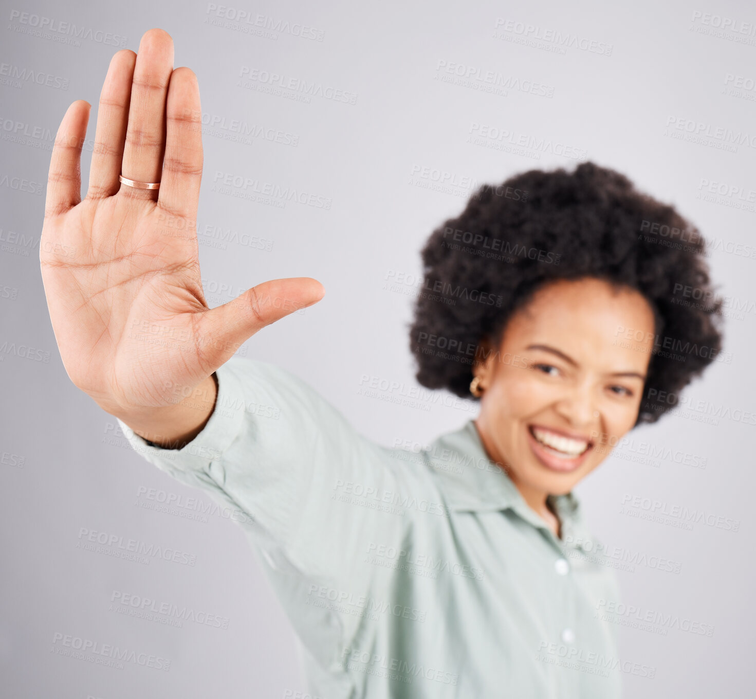 Buy stock photo High five, happy and portrait of hand of a black woman isolated on a white background in a studio. Motivation, smile and an African girl with a gesture for greeting, hello and support on a backdrop