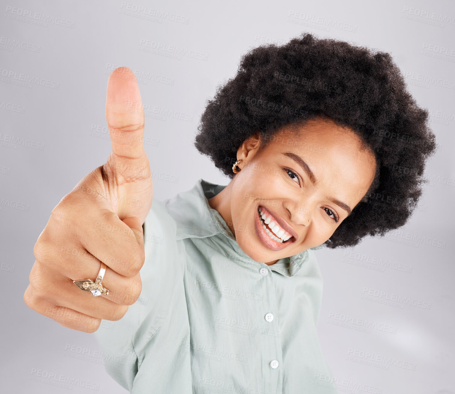 Buy stock photo Portrait, thumbs up and black woman top view in studio isolated on a white background. Success, happiness and person with hand gesture or emoji for winning, approval or agreement, like or thank you.