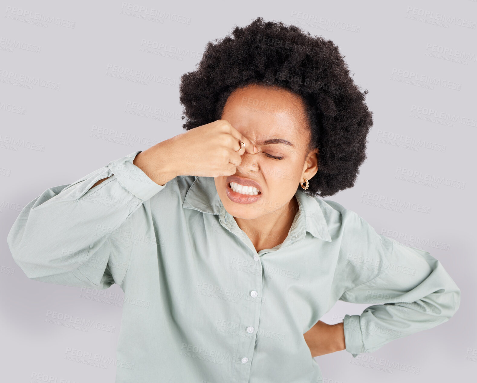 Buy stock photo Headache, stress and face of frustrated black woman in studio with upset, angry and pain facial expression. Burnout, mockup and girl on white background with confused gesture, migraine and thinking