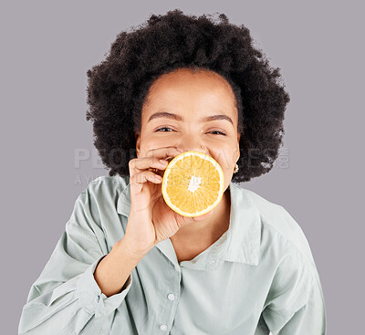 Buy stock photo Portrait, orange and black woman with fruit in studio isolated on a white background. Food, top view and happiness of person or female with vitamin c, nutrition or healthy diet, citrus or vegan detox