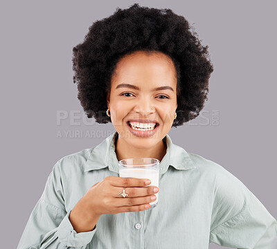 Buy stock photo Portrait, woman and smile with milk in studio, white background and backdrop for healthy diet. Female model, glass and calcium of smoothie, vanilla milkshake and nutrition of detox weight loss drink