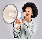 Megaphone, protest and black woman shouting in studio isolated on white background. Screaming, angry and person with loudspeaker protesting for human rights, change or justice, announcement or speech