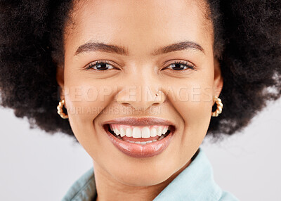 Buy stock photo Face, happy and portrait of black woman in studio with smile, confidence and happiness on white background. Business, success mockup or closeup of girl with positive mindset, wellness and empowerment