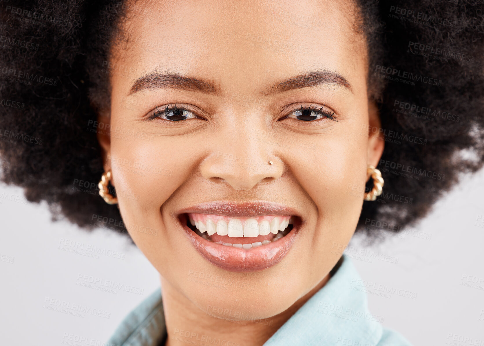 Buy stock photo Face, happy and portrait of black woman in studio with smile, confidence and happiness on white background. Business, success mockup or closeup of girl with positive mindset, wellness and empowerment