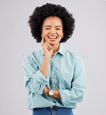 Buy stock photo Confident, happy and portrait of black woman in studio with smile, positive mindset and happiness. Business, success mockup and face of girl with confidence, pride and empowerment on white background