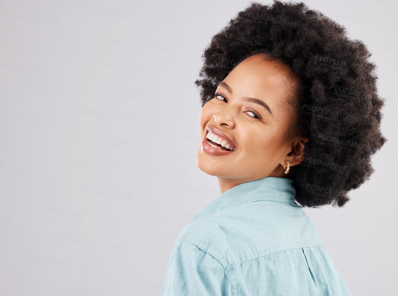 Buy stock photo Space, happy and portrait of black woman in studio with smile, confidence and happiness on white background. Fashion, success mockup and face of girl with positive mindset, pride and empowerment