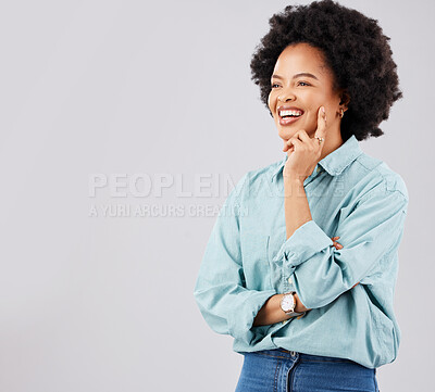 Buy stock photo Thinking, smile and mockup with a woman on a gray background in studio for product placement. Idea, happy and space with an attractive young afro female contemplating a though on blank mock up