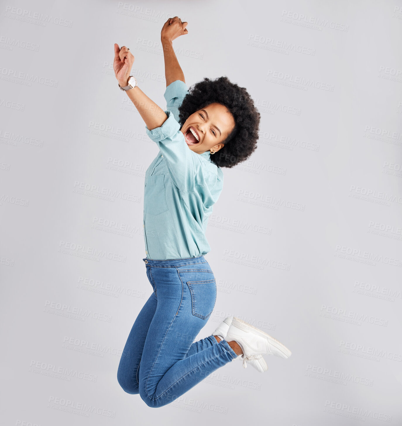 Buy stock photo Excited, jump and black woman with success in studio with winning, achievement and celebration for good news. Winner, mockup and isolated girl on white background jumping for prize, promo and bonus