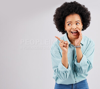 Buy stock photo Gossip, wow and woman pointing in a studio telling a secret feeling shocked and surprised. Whisper, deal news and female with hand over mouth for privacy with isolated white background and mockup