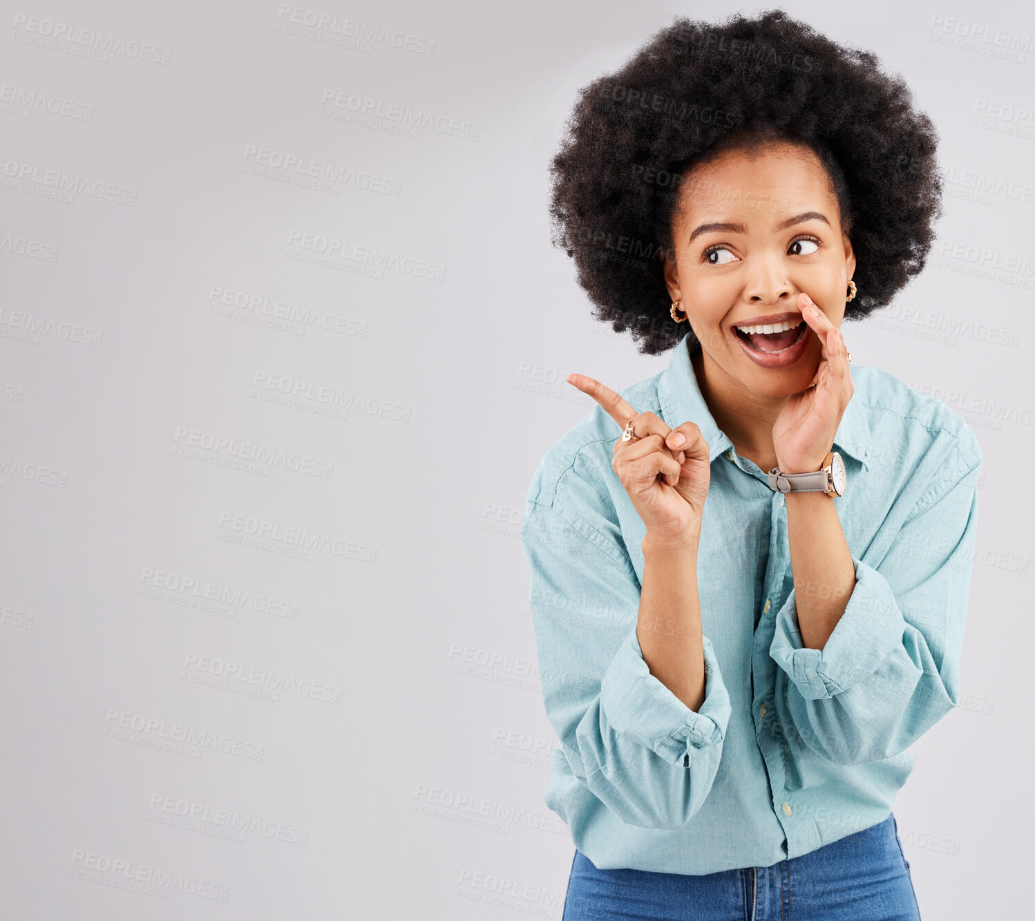 Buy stock photo Gossip, wow and woman pointing in a studio telling a secret feeling shocked and surprised. Whisper, deal news and female with hand over mouth for privacy with isolated white background and mockup