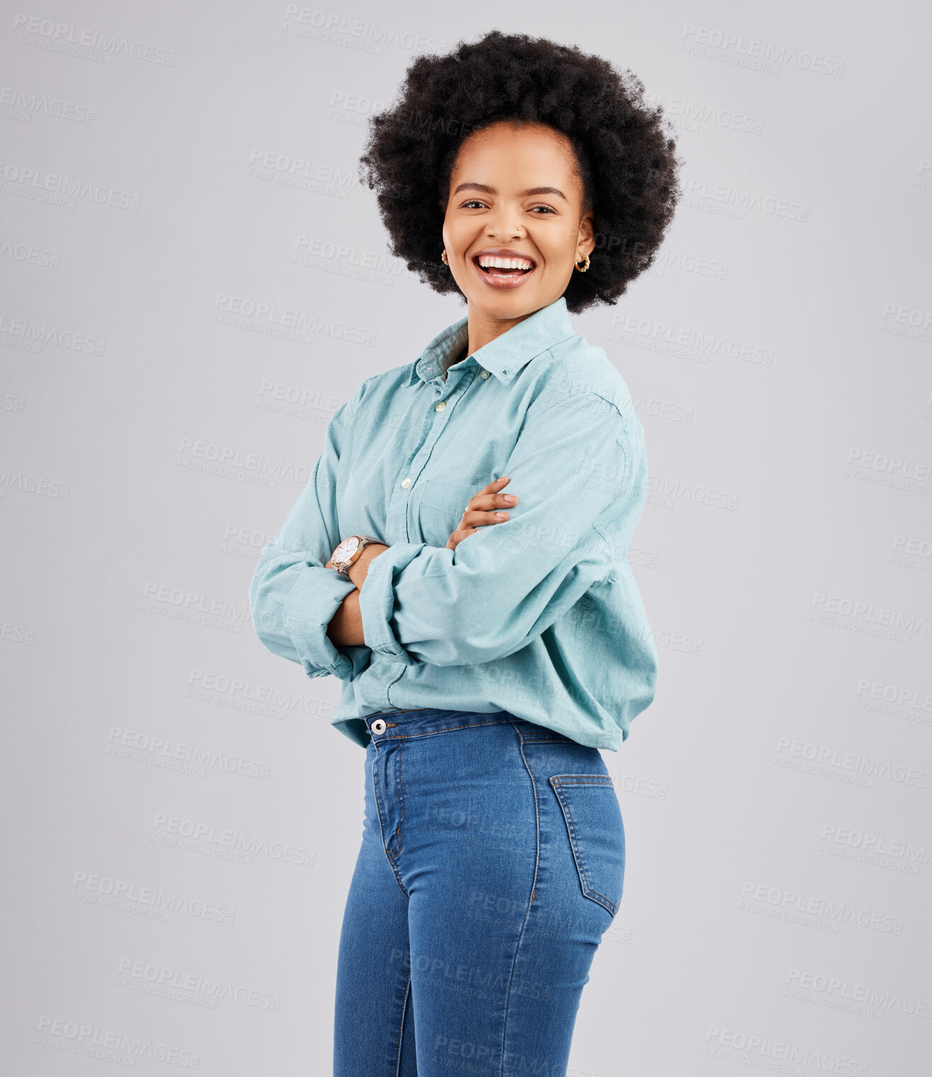 Buy stock photo Crossed arms, happy and portrait of black woman in studio with pride, confidence and excited smile. Fashion, happiness mockup and girl with positive mindset, cosmetics and beauty on white background