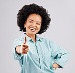 Portrait, thumbs up and black woman laughing in studio isolated on a white background. Success, happiness and person with hand gesture or emoji for winning, approval or agreement, like or thank you.