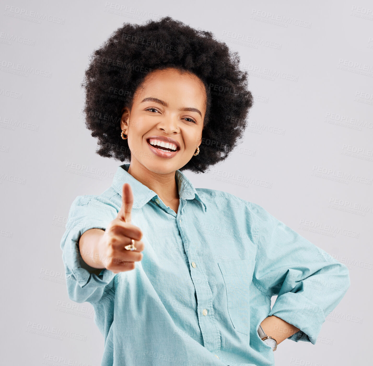 Buy stock photo Portrait, thumbs up and black woman laughing in studio isolated on a white background. Success, happiness and person with hand gesture or emoji for winning, approval or agreement, like or thank you.