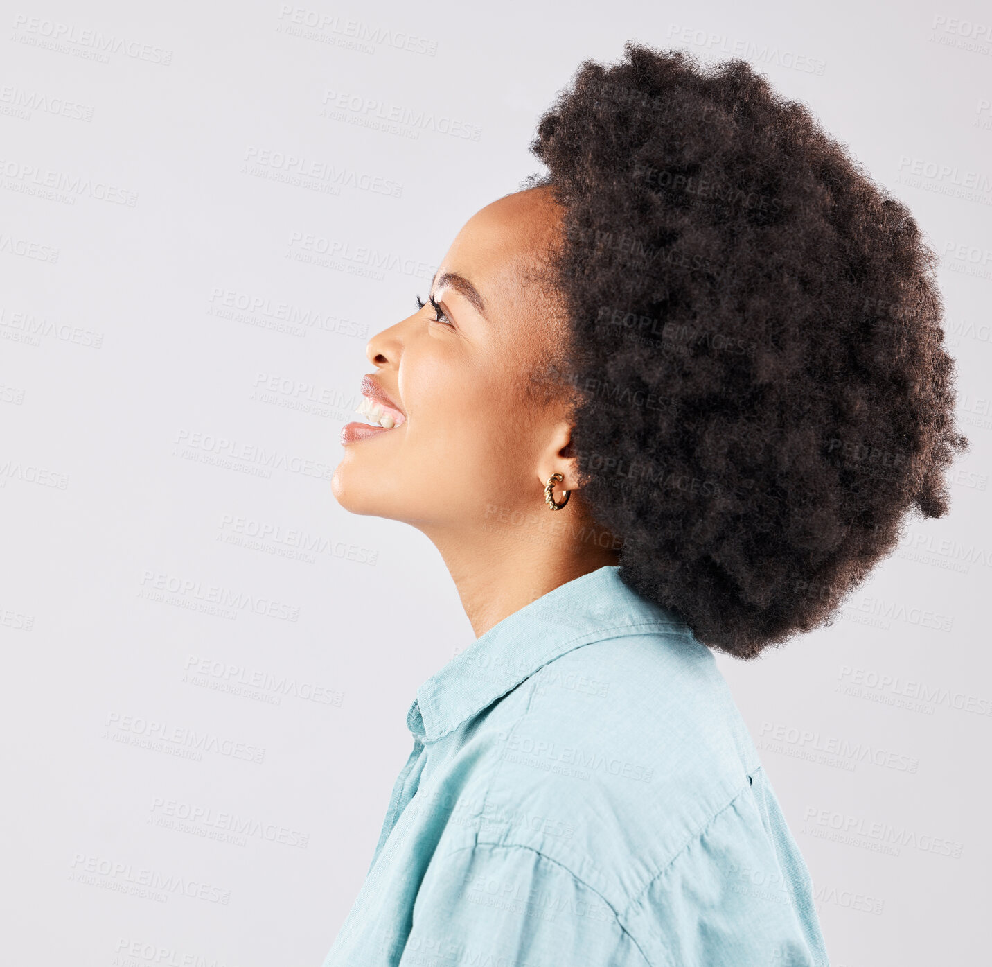 Buy stock photo Black woman, profile and happiness smile in a studio thinking and feeling relax. Isolated, white background and happy young model with youth and natural afro with female empowerment and idea