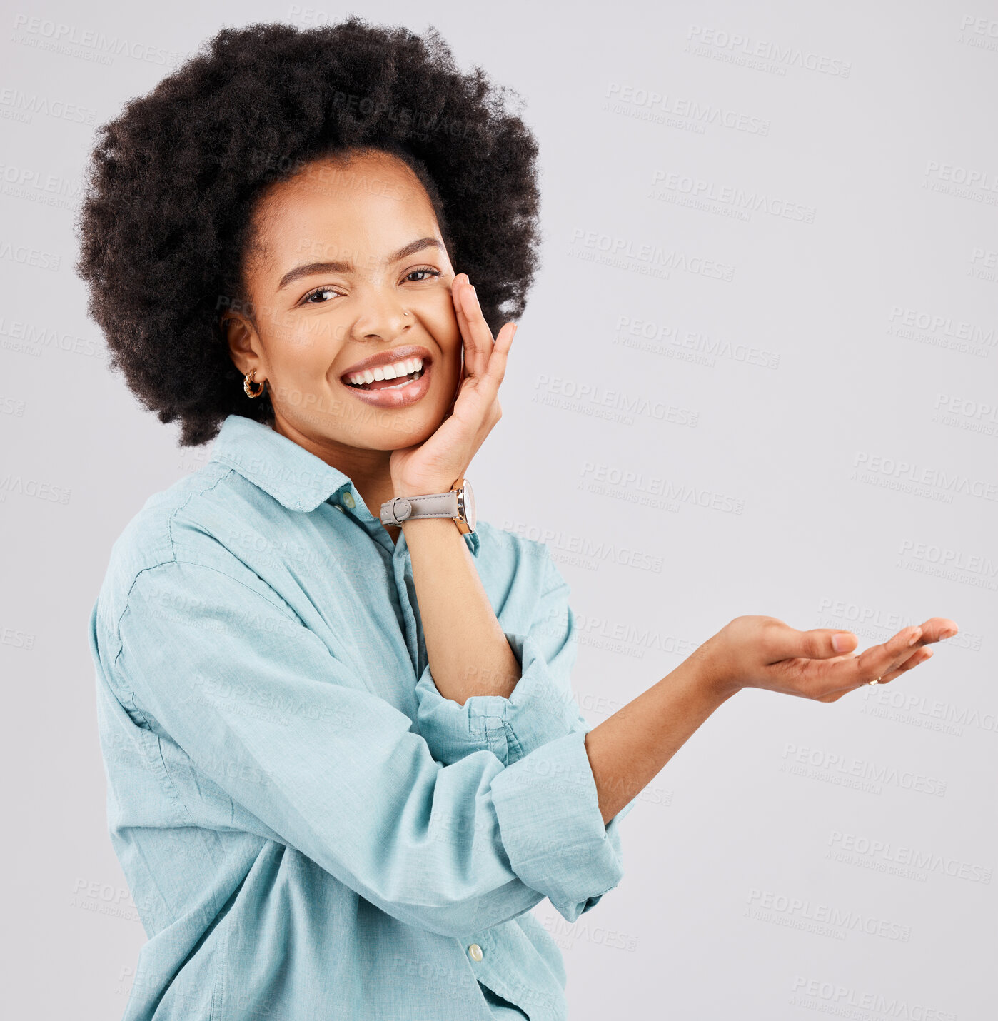 Buy stock photo Product placement, hand and portrait of black woman in studio for branding, advertising and choice gesture. Promotion, mockup space and happy girl show hands for marketing, presentation and logo