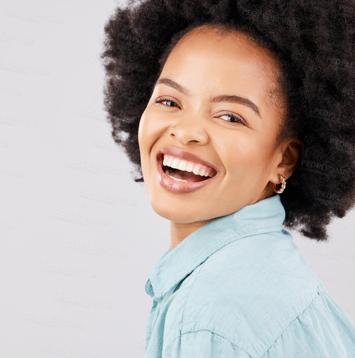 Buy stock photo Face, happy and portrait of black woman in studio with smile, confident and happiness on white background. Business, success mockup space and excited girl with positive mindset, pride and empowerment