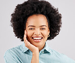 Happy, face and portrait of black woman in studio with smile, confidence and happiness on white background. Business, success mockup and female worker with positive mindset, pride and empowerment